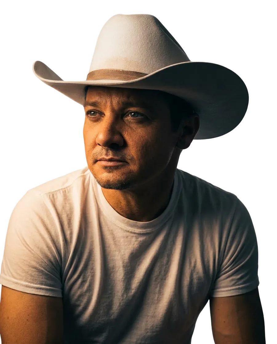 Jeremy Renner in a pale cowboy hat, warm side light