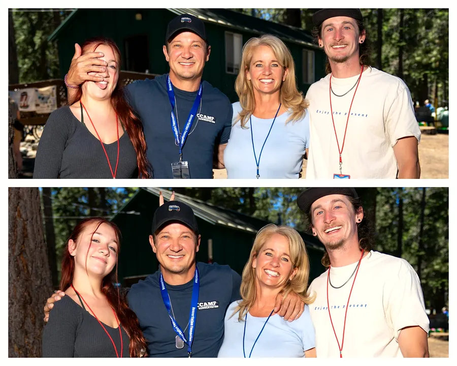 Jeremy Renner with camp attendees and staff outside a camp cabin